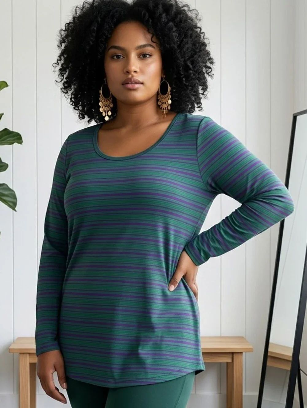 LuLaRoe Lynnae Tunic Top XL Purple Green Striped Hi-Lo Long Sleeve NWT Casual